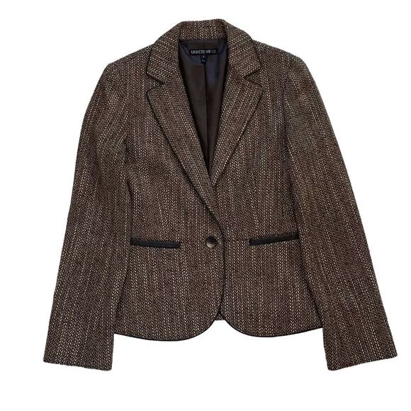 Lafayette 148 NY Wool Blend Brown/Neutral Tweed Blazer/Jacket, Leather Trim, 8 - Picture 1 of 11